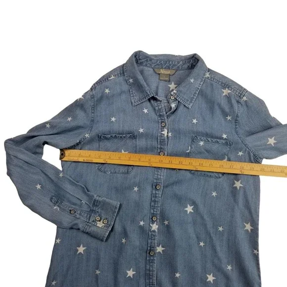 Natural Reflections Button Up Chambray Shirt Womens Sz M Star Print Blue Lyocell - Picture 6 of 14